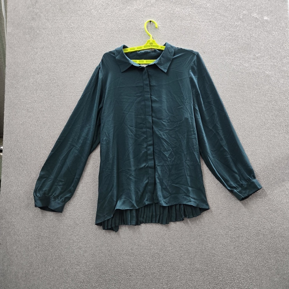 Adrianna Papell Women Blouse XL Green Chiffon Pleated Back Button Up NWT